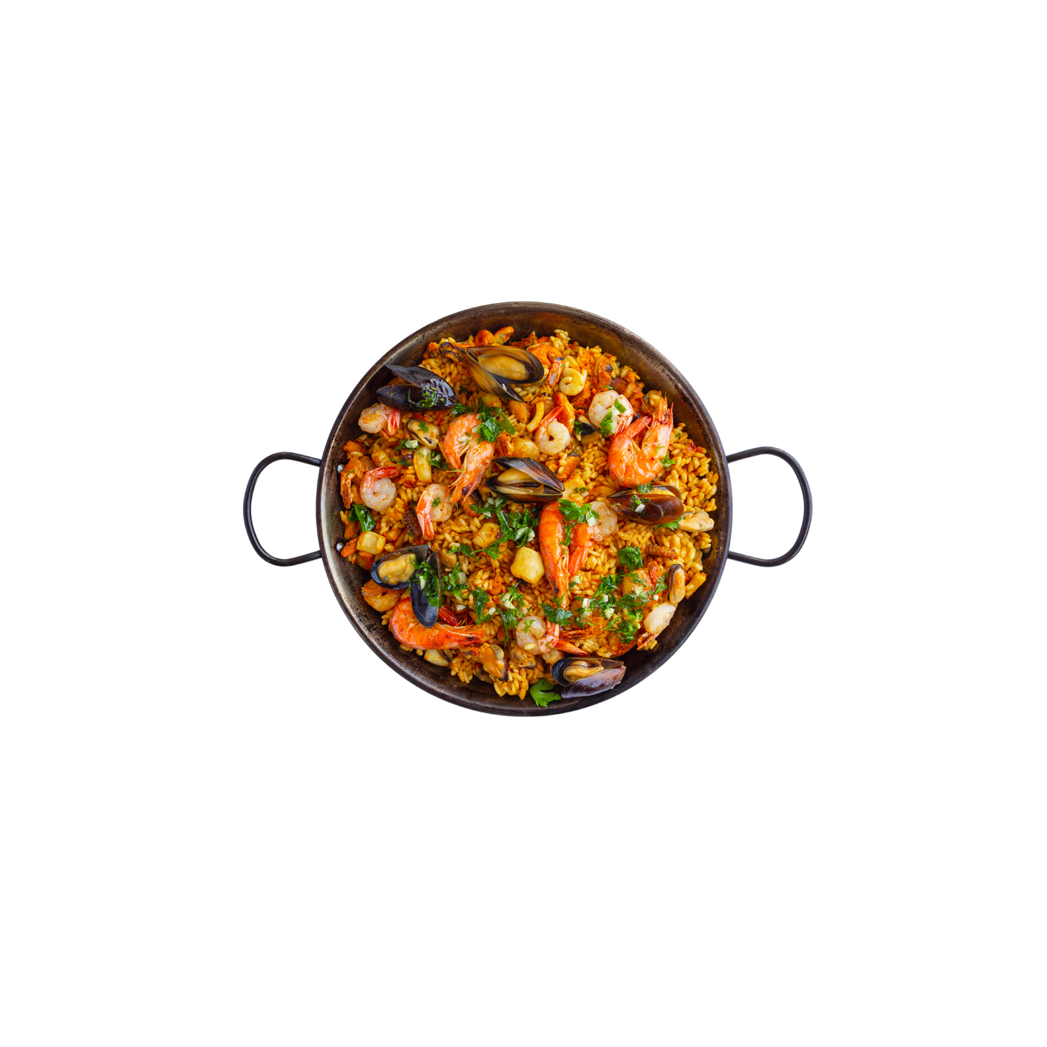 Traditional spanish seafood paella with rice, mussels, shrimps in a pan on white background. view from above, flat lay