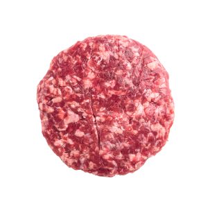Ground Beef Patties for Grilling and Roasting set, square format, on white stone  background, top view flat lay